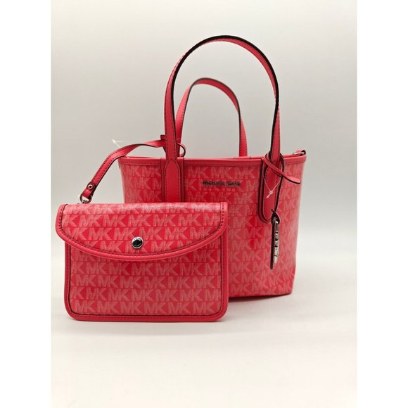 MICHAEL KORS Logo Eliza PVC XS open tote crossbody + pouch 2 PC SET -Pink - Picture 1 of 12